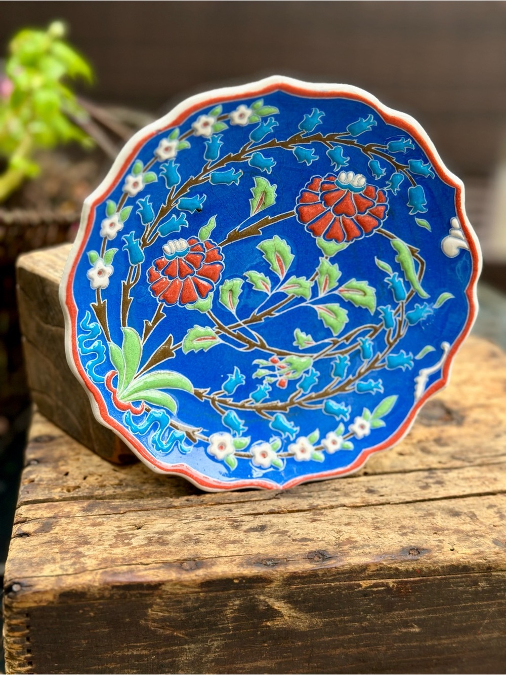 Handmade Kütahya Turkey Fethi Çini Blue Floral Plate 7 Inch